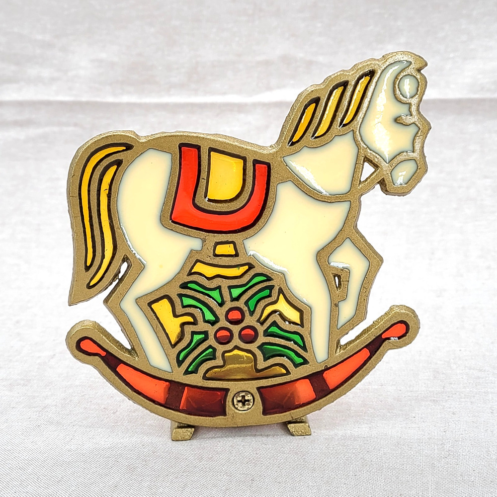 Vtg Stained Glass Cast Iron Christmas Rocking Horse Tiffany Style Candle Holder